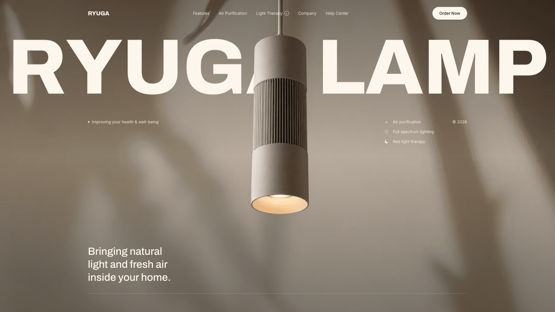 The Ryuga Lamp site, showing the pendant lamp lit behind the wordmark
