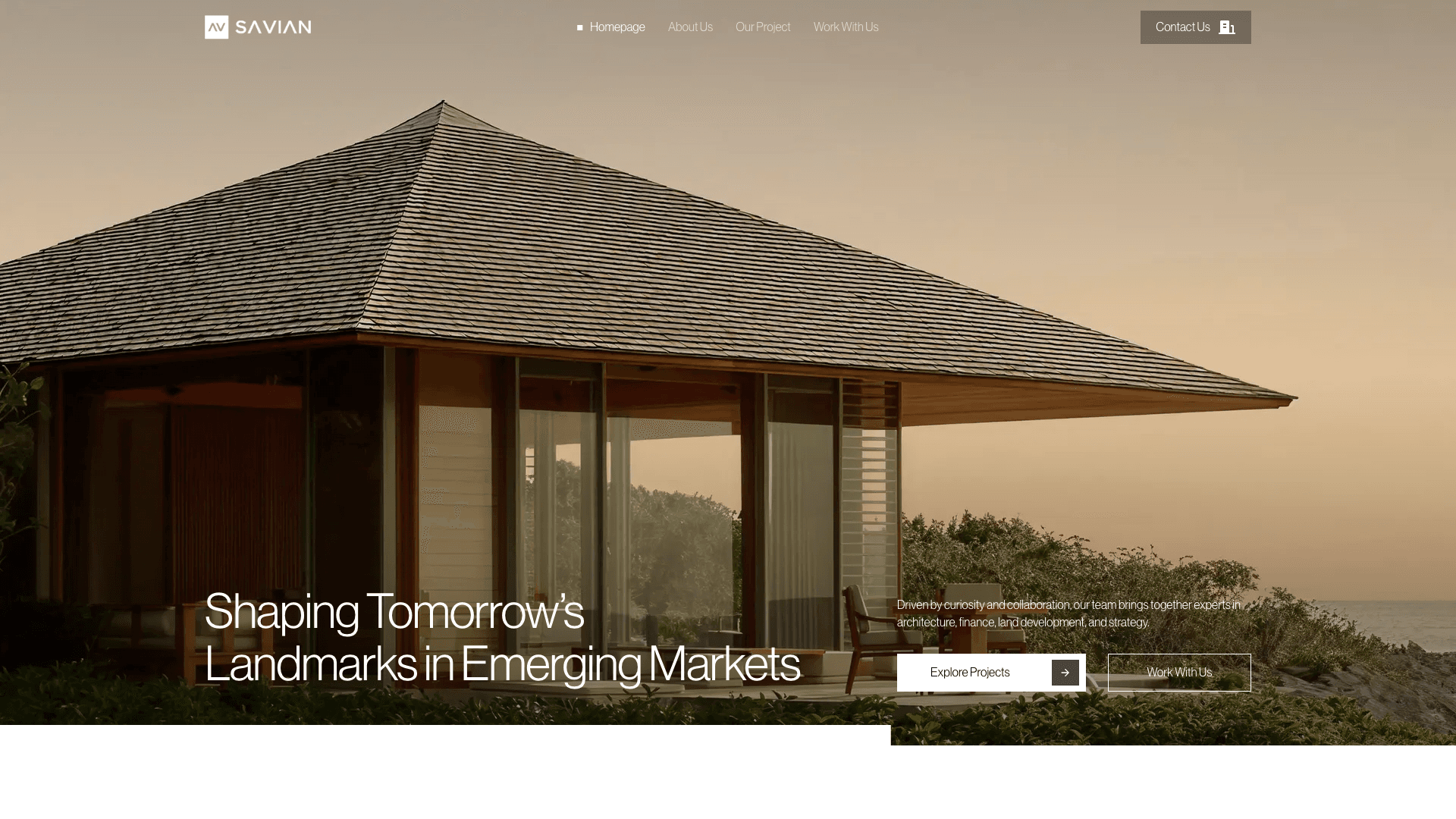 The Savian site, showing a cliffside villa at dusk behind the hero line